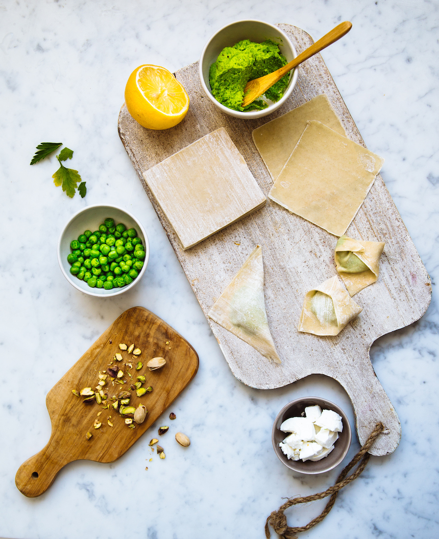 Snelle tortelloni met erwtenpuree